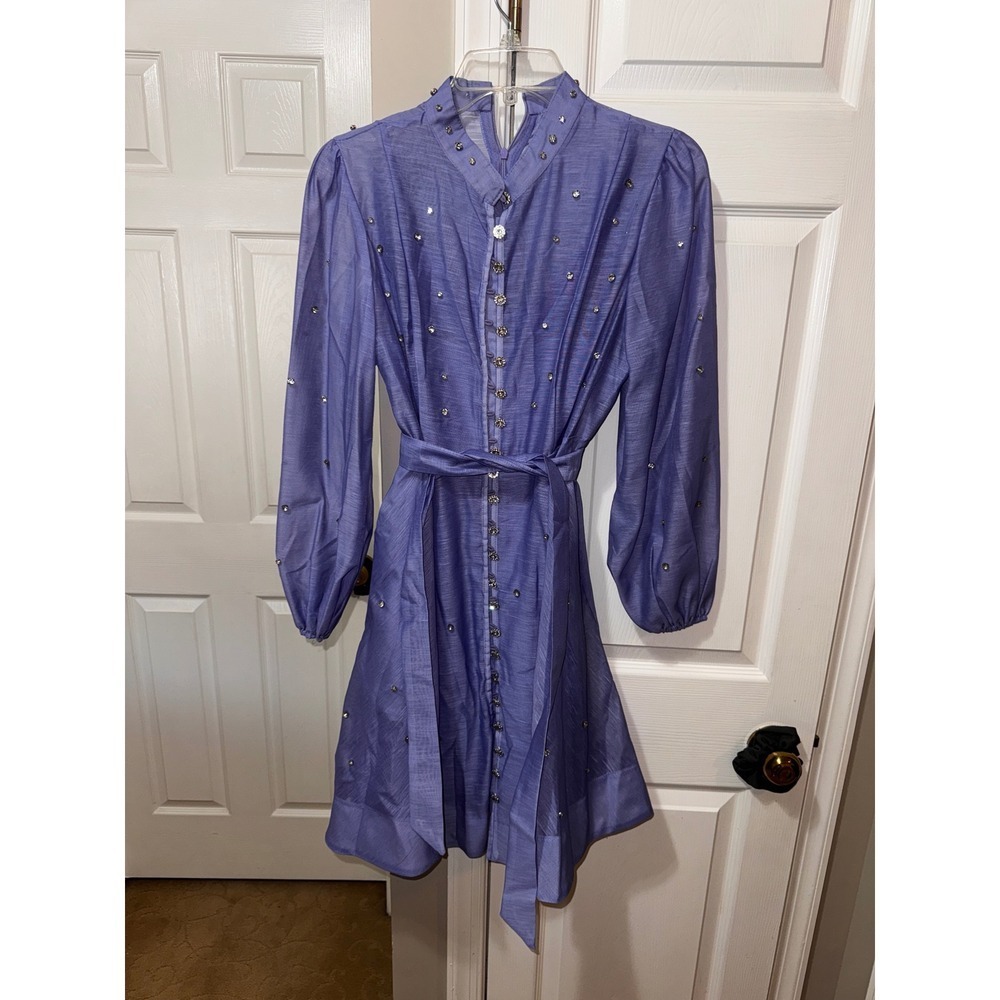 Bella Barnett Purple Embellished Button Down Long Sleeve NWT Belted Dress Size L - Picture 5 of 9